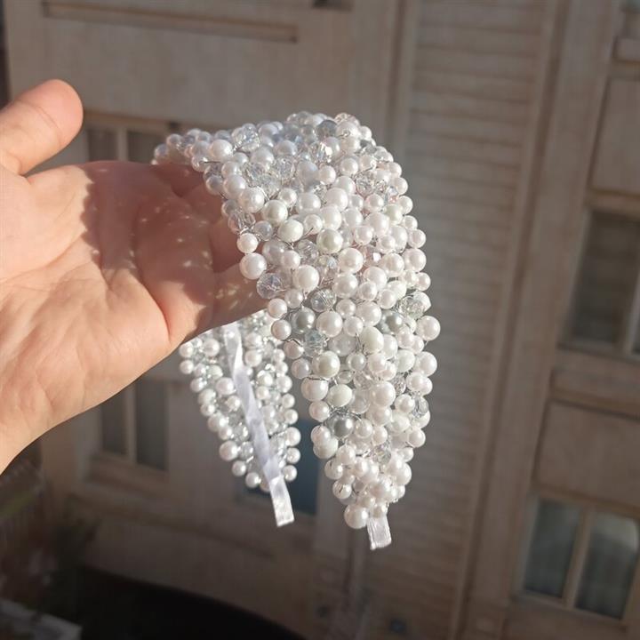 تاج عروس 8 سانتی ریسه عروس تل پهن کریستال سفید درخشان تل سفید نقره ای  تاج نقره ای نگین براق مروارید سفید  تاج کریستال